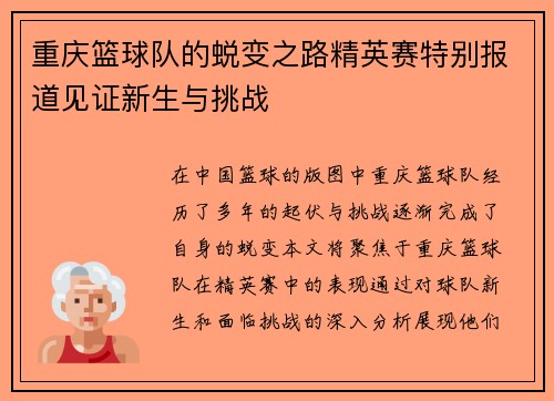 重庆篮球队的蜕变之路精英赛特别报道见证新生与挑战